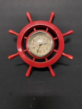 Red Ship Wheel Wall Quartz Clock - Nautical Home Decor